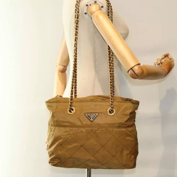 PRADA Quilted Chain Shoulder Bag Nylon Beige Auth ki4426 - Picture 7 of 16